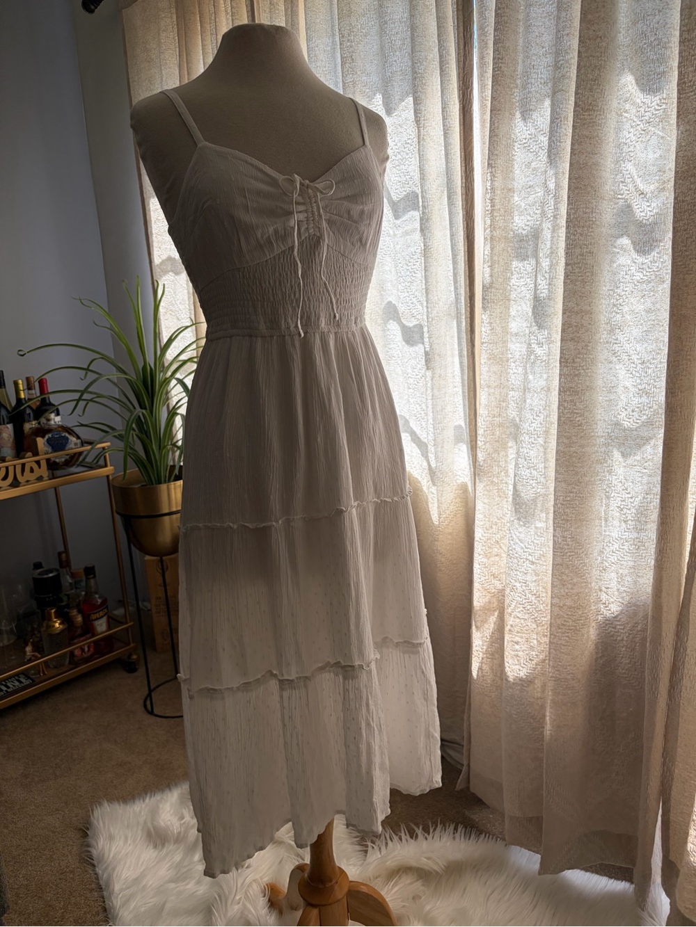 Hollister off white Tiered Midi Dress with Smocked Waist